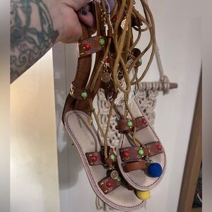 Girls Brown Beaded Lace-Up Gladiator Sandals